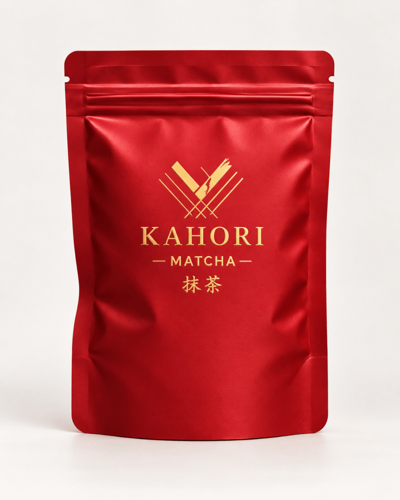 Red packaging for Kahori Matcha featuring gold lettering and logo.