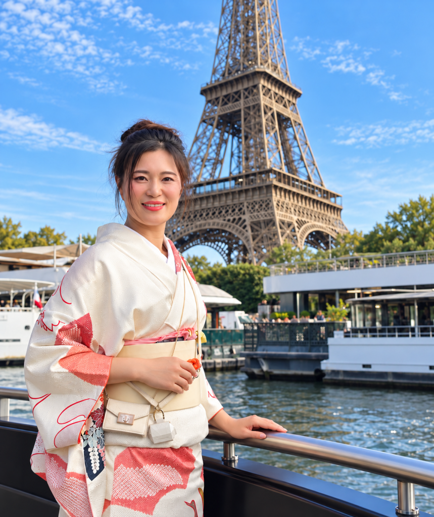 A woman in a traditional kimono stands by the Seine River with the Eiffel Tower in the background on a sunny day.