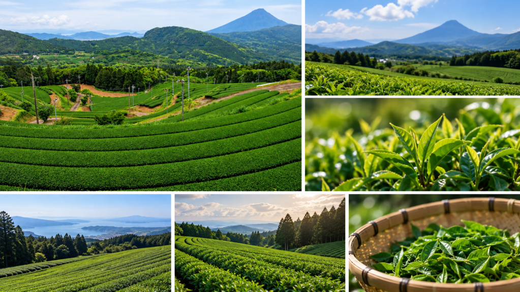 A panoramic view of lush green tea fields on rolling hills with mountains in the background.